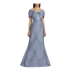 Teri Jon Off-the-Shoulder Slate Blue Jacquard Trumpet Gown Size 12 NWT